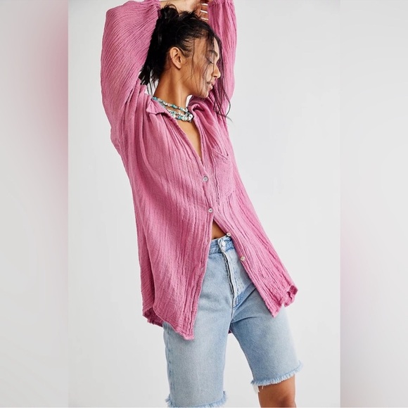 Free People Bonny Button Up Top Oversized Pink Flowy Boho Size Small - Picture 1 of 10